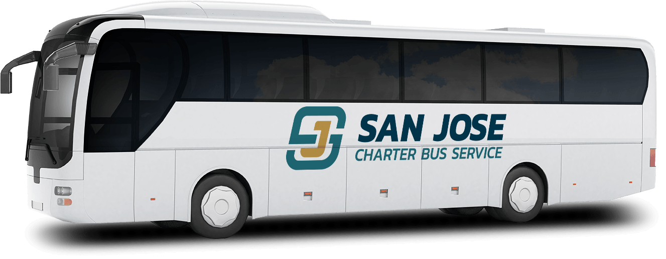 a plain white charter bus with a San Jose charter bus service logo on it